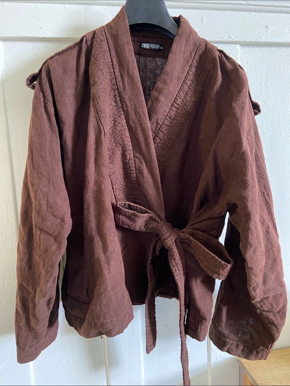 Zara Brown 100% Linen Kimono Wrap Jacket with Pocket and Tie detail